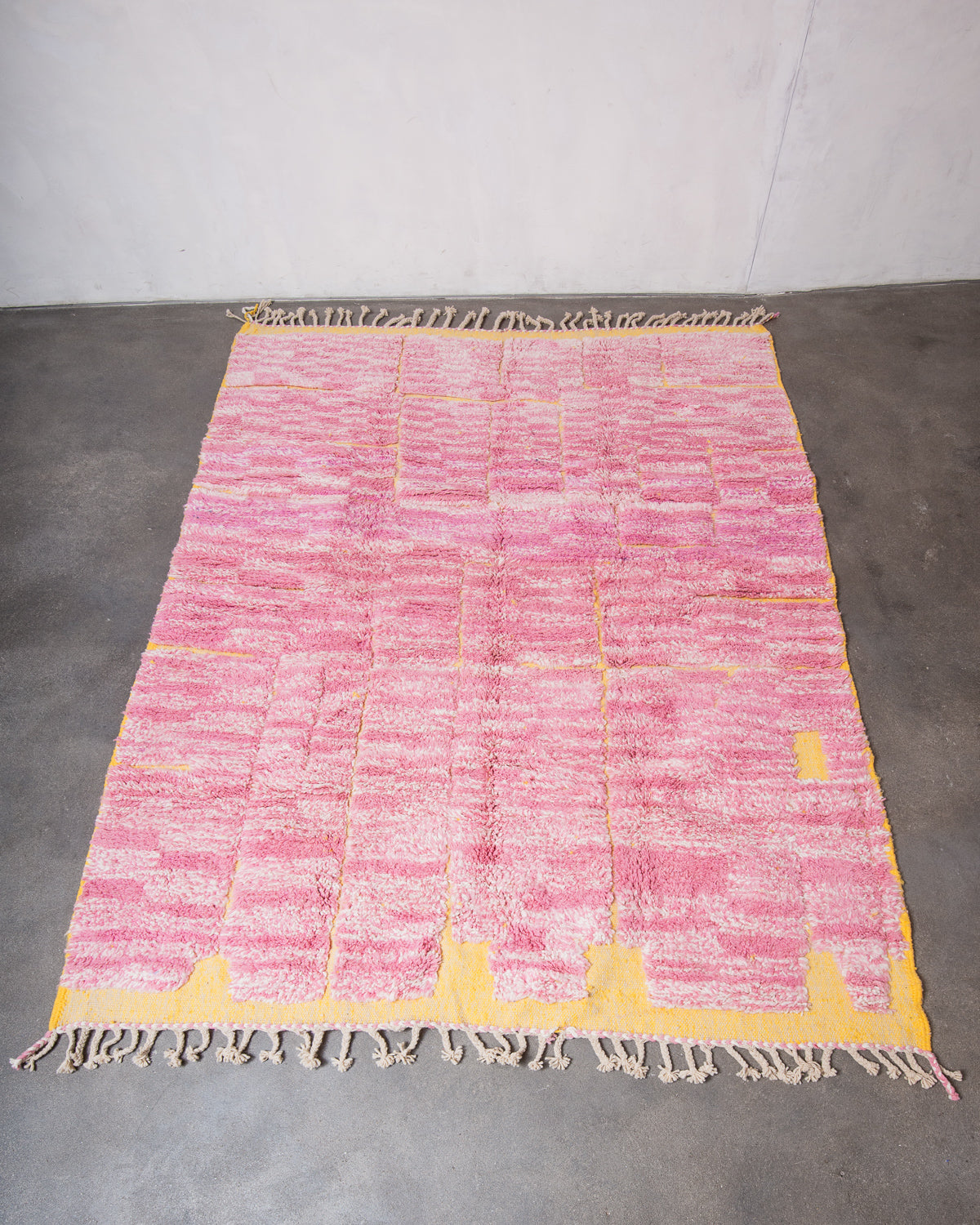 Modern, designer, handcrafted Berber rug from Morocco. Beniourain carpet with beautiful colours and patterns and fluffy wool texture.